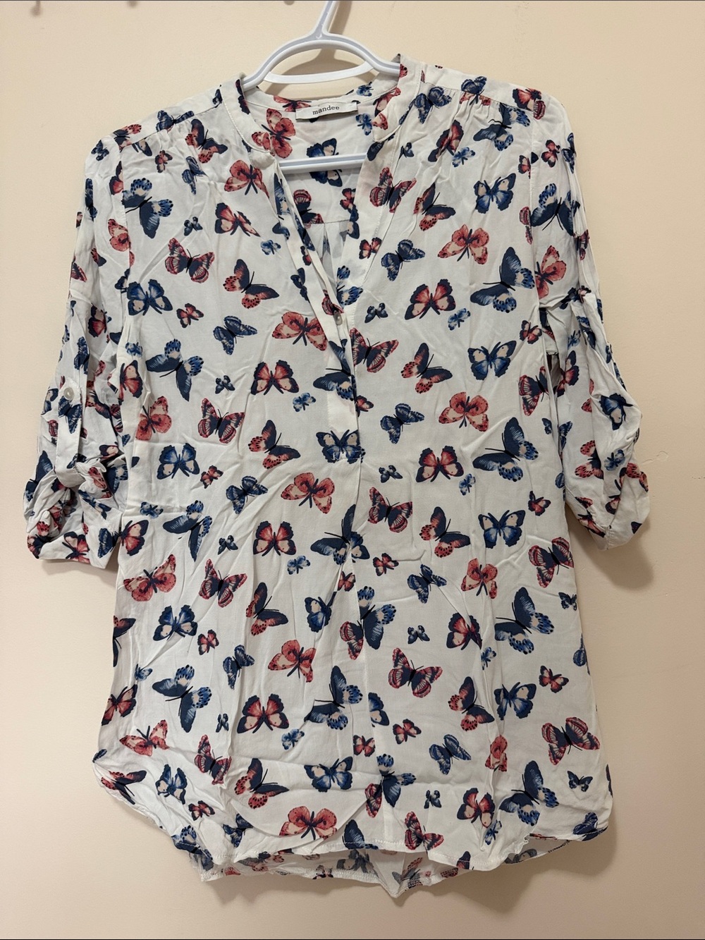 mandee White Blouse with Blue & Pink Butterfly Print